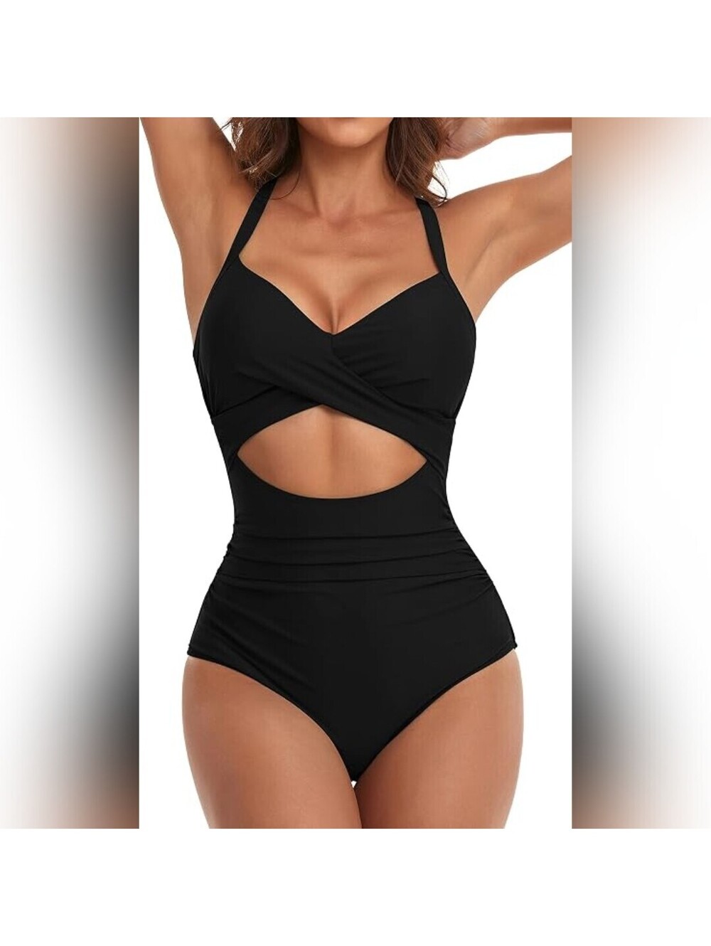 NWT Eomenie Women's Black Criss Cross Cutout Ruched One Piece Swimsuit, L(12-14)